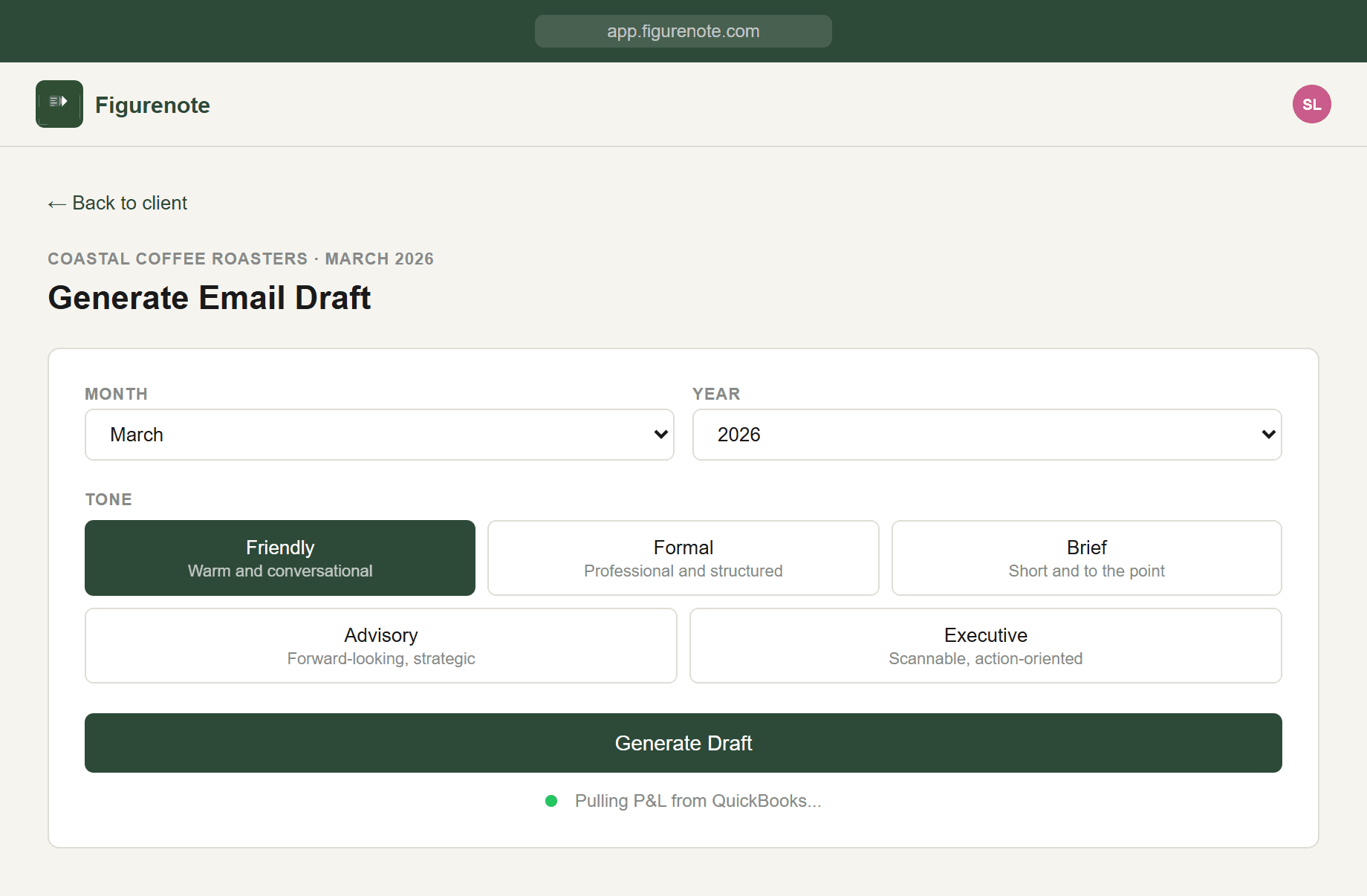 Figurenote — Generate email draft screen with month selector and five tone options
