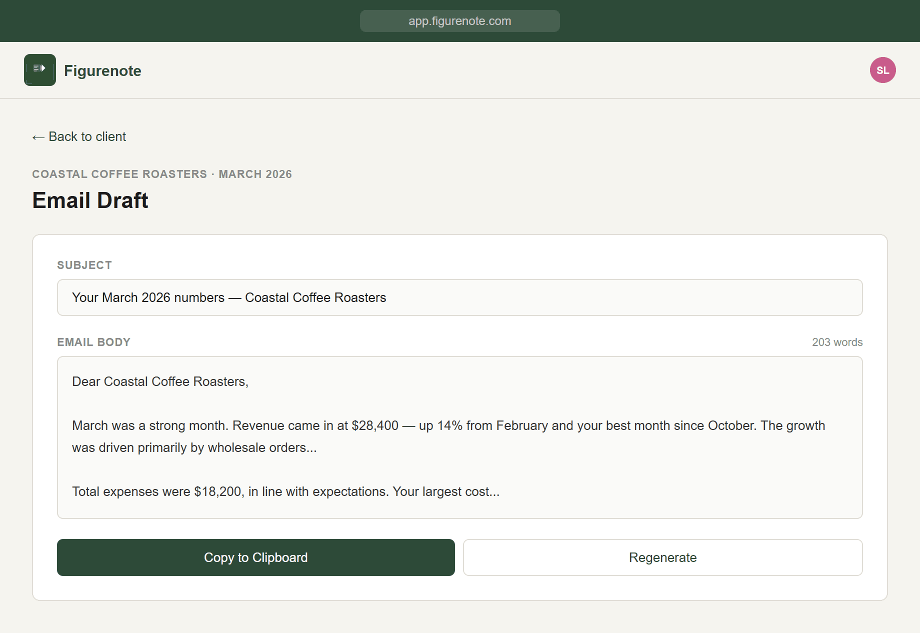 Figurenote — Email draft with subject line, body text, and copy-to-clipboard action